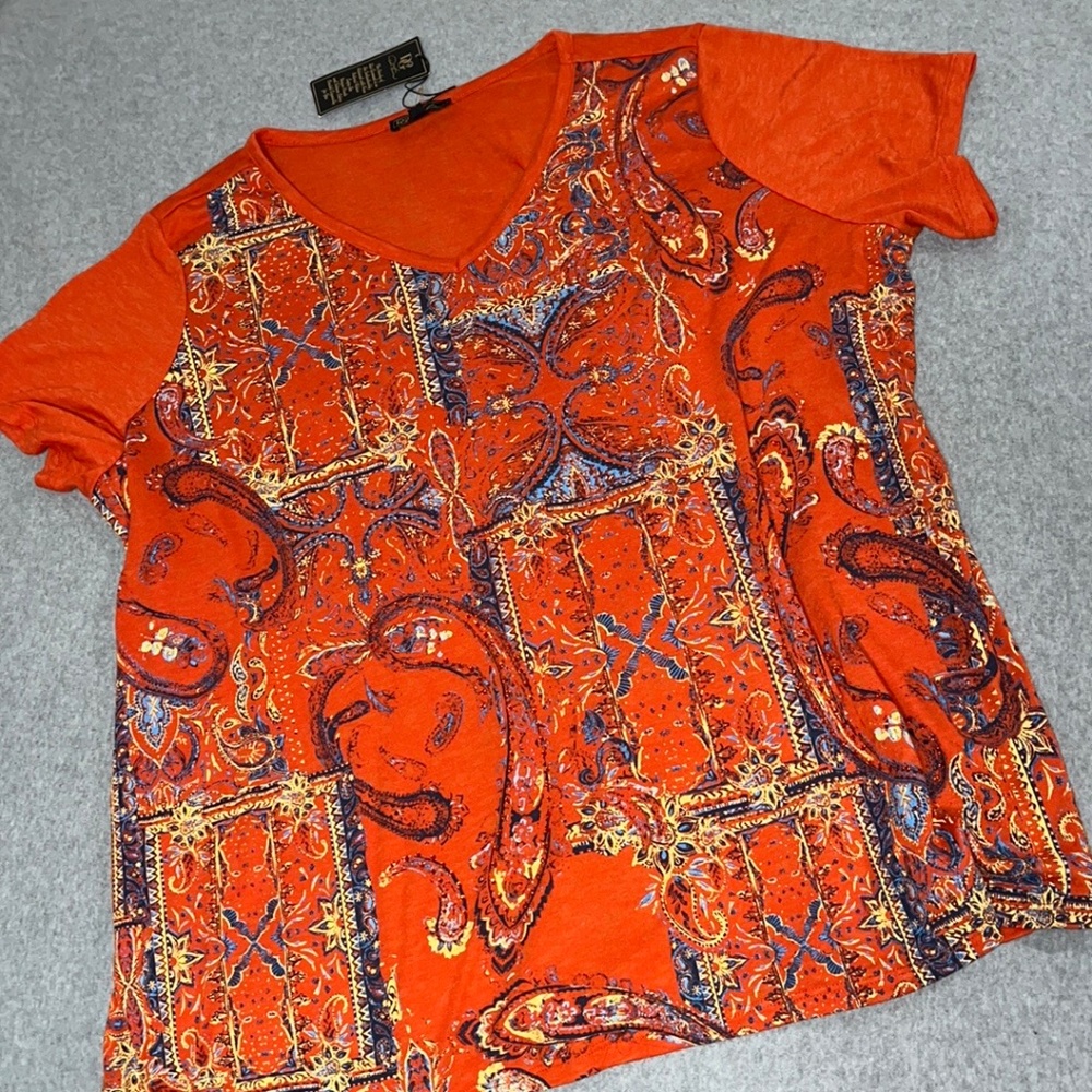 Diane Gilman Paisley Top Shirt Plus Size 3X Orange Shortsleeve